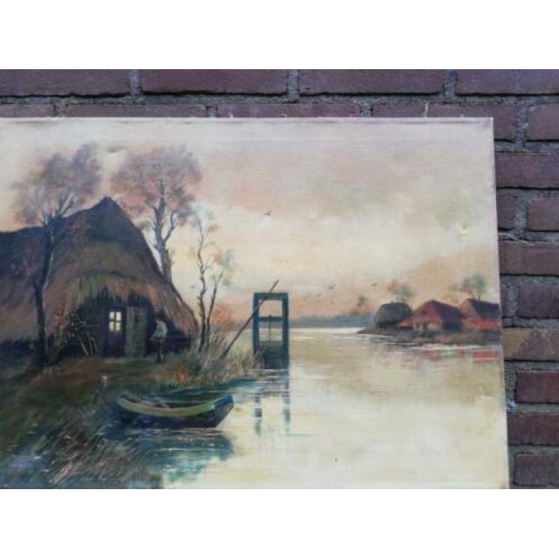 Boerderij a/d vaart. Onbekend. '30/40. Olie/doek.