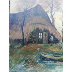 Boerderij a/d vaart. Onbekend. '30/40. Olie/doek.