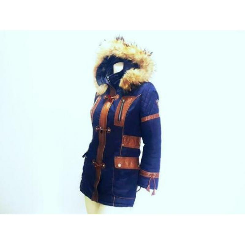 Winter jas blauw RBM leer bruin bont parka mt. 36 S: 35,-