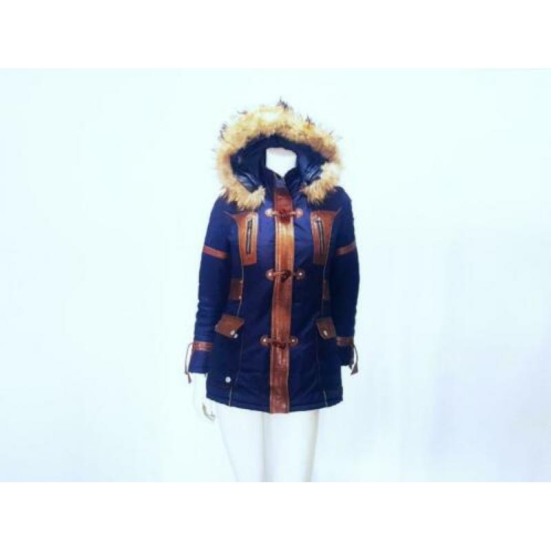 Winter jas blauw RBM leer bruin bont parka mt. 36 S: 35,-