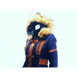 Winter jas blauw RBM leer bruin bont parka mt. 36 S: 35,-