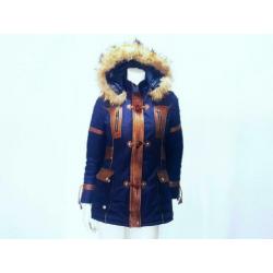 Winter jas blauw RBM leer bruin bont parka mt. 36 S: 35,-