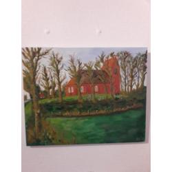 Schilderij klassiek acryl kunst: Kerk op terp Oostum