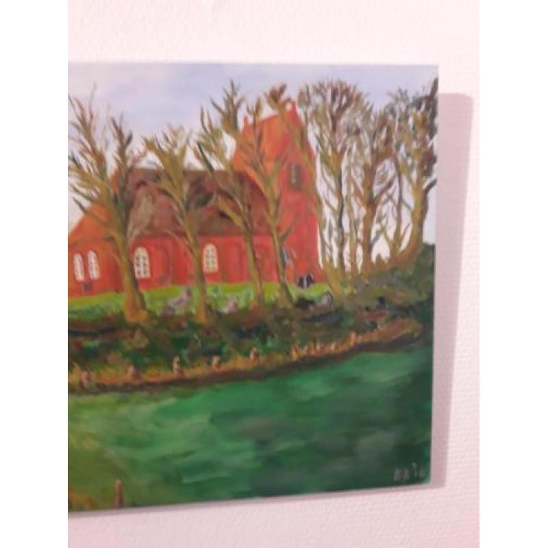 Schilderij klassiek acryl kunst: Kerk op terp Oostum