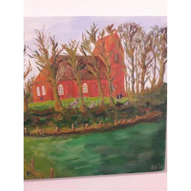 Schilderij klassiek acryl kunst: Kerk op terp Oostum